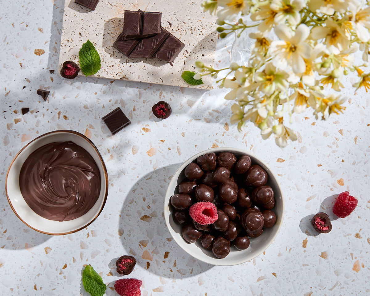 Freeze-dried raspberries dipped in dark chocolate