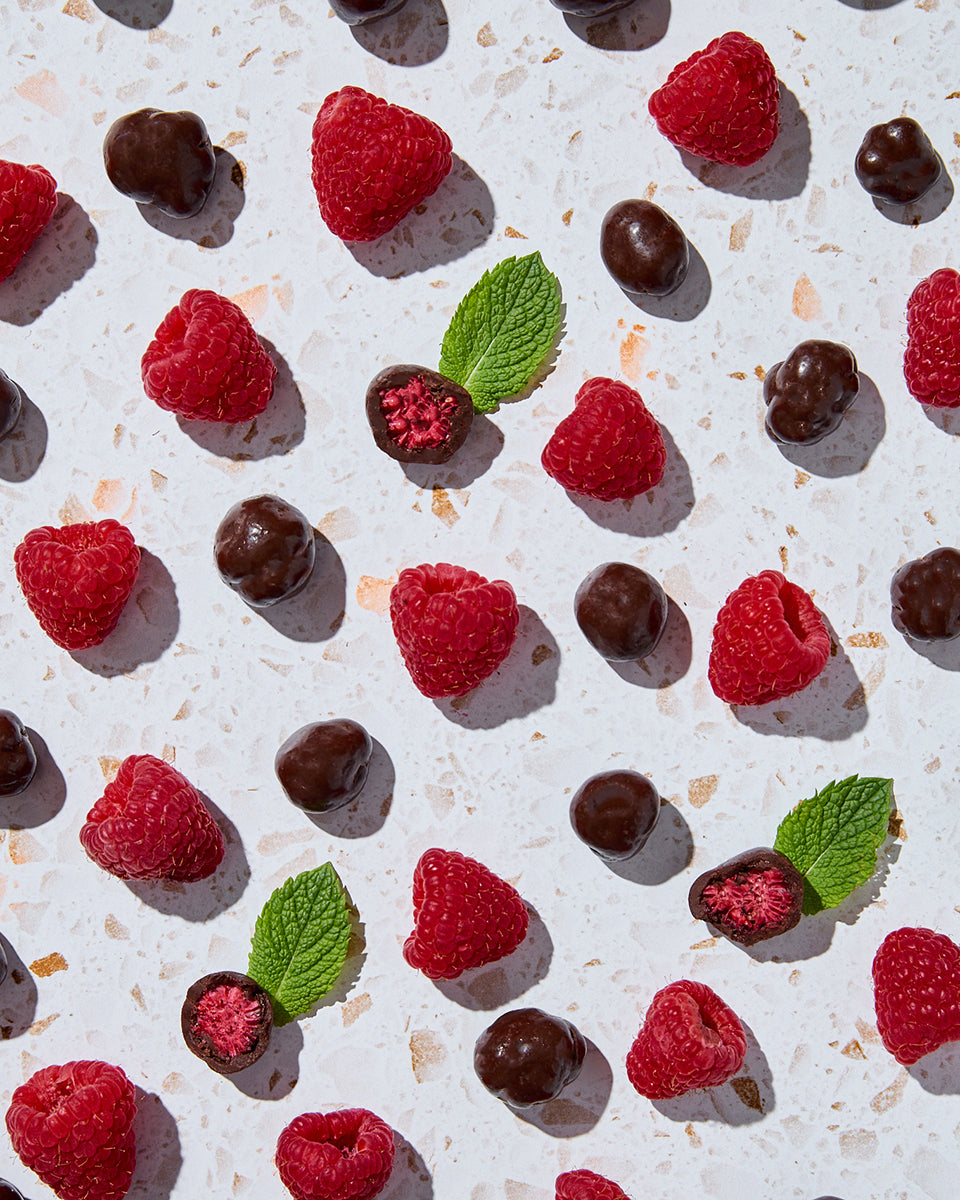 Freeze-dried raspberries dipped in dark chocolate